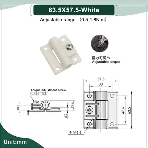 Damping hinge, white, with adjustable torque and torque adjustment screw; size 63.5×57.5 mm with mounting holes.