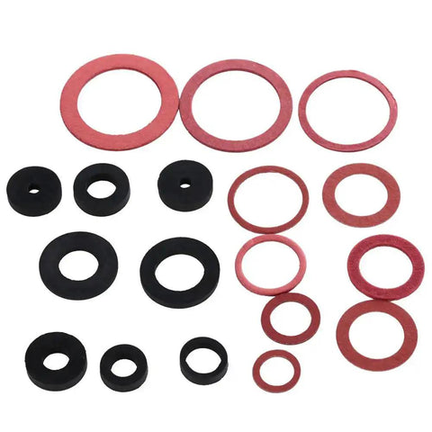 Assorted red and black washers from 141Piece NBR Tap Seal Washer Plumbing Gasket Assortment Kit With Handy Organizer Box Including Gasket Retaining Rings