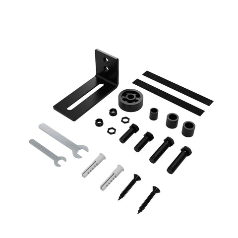Sliding Barn Door Floor Guide With Adjustable Stay Roller For All Door Sizes Wall Mount Hardware Kit in black steel, shown uninstalled.