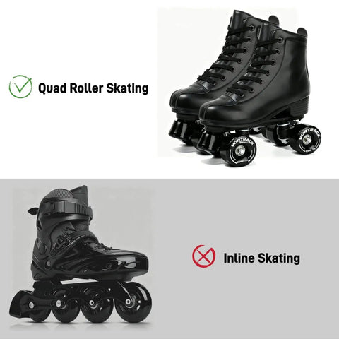 Comparison of black quad roller skates and inline skates illustrating preference for quad roller skating.