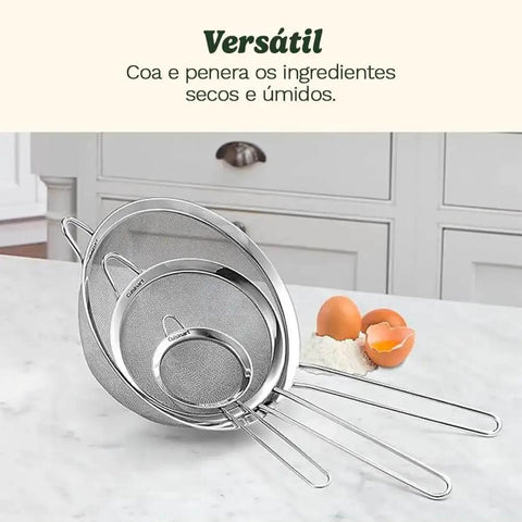 Three Piece Stainless Steel Mesh Strainer Set With Fine Mesh For Sifting, Straining, And Draining In The Kitchen