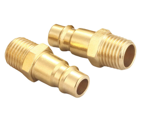 Brass high-flow male plug quick-connect air fittings, 1/4 in NPT, V-style, solid brass (2 pcs)
