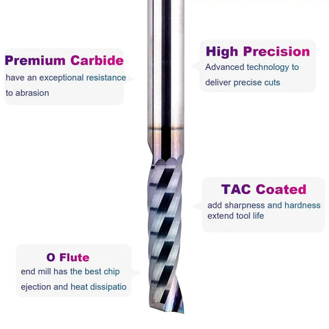 O Flute CNC Router Bit With One Quarter Inch Shank And One Inch Cutting Length For Acrylic Aluminum And Wood Cutting, Extra Long Life Coating For Durability, Single Flute End Mill, Two And One Half Inch Overall Length SpeTool close-up view showing premium carbide material and high precision TAC coating