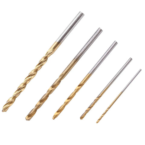 Five drill bits from the 50 Piece High Speed Steel Twist Drill Bit Set With Straight Shank For Metal Wood Plastic DIY Drilling Projects, Durable HSS Bits