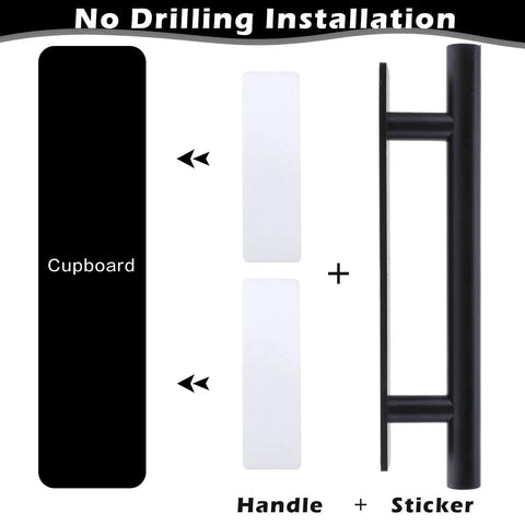 4 Pack Self Adhesive Cabinet Handles and Drawer Pulls in Black ABS Plastic with white adhesive strips for tool-free installation.