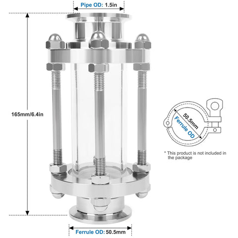 JMCOLMT in-line sight glass, stainless steel, 1.5-inch tri-clamp ends, straight flow, 165mm tall