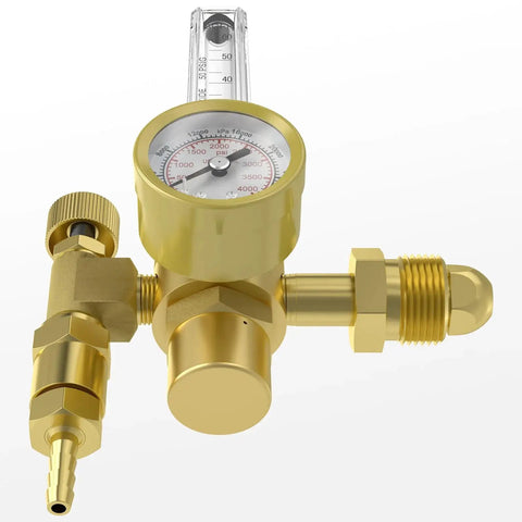 Argon CO2 MIG TIG Flow Meter Gas Regulator Gauge With CGA 580 Inlet Nut, brass, shown with gauge and flow meter.
