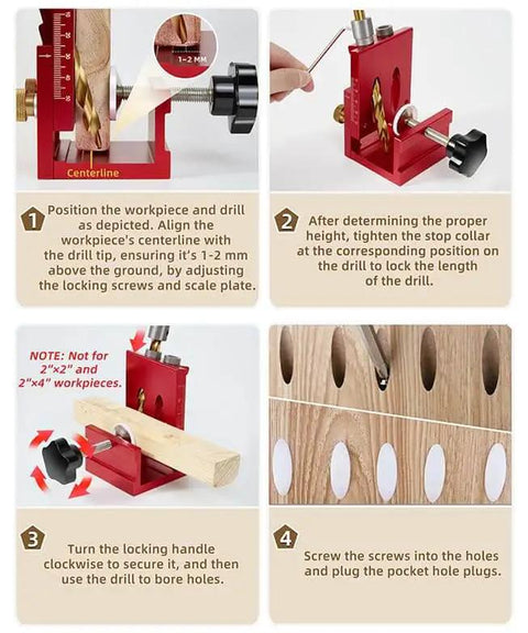 Instruction guide for Pocket Hole Jig Kit For 2x2 And 2x4 Lumber With Drill Bit And Plugs, Adjustable Doweling Jig setup.