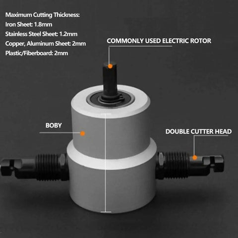 Dual Head Metal Sheet Nibbler Cutter Kit With 360 Degree Adjustable Punch showing electric rotor and double cutter head