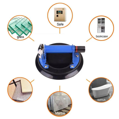 Heavy Duty Vacuum Lifter Set Of 2 8 Inch Suction Cups With Metal Handle shown lifting glass, tiles, marble, and more