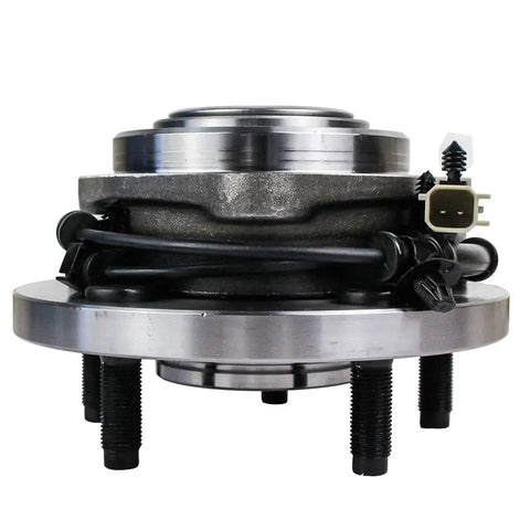 Front view of Front Wheel Hub And Bearing Assembly 5 Lug With ABS Fits 2005 2006 2007 2008 2009 2010 Jeep Grand Cherokee And Commander Drop-In Replacement Front Axle Hub Unit showing ABS sensor attached.
