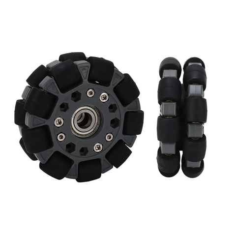 100 mm Omni Wheel for robots showing front and side view with black rollers for 360-degree omnidirectional movement in robotics projects.