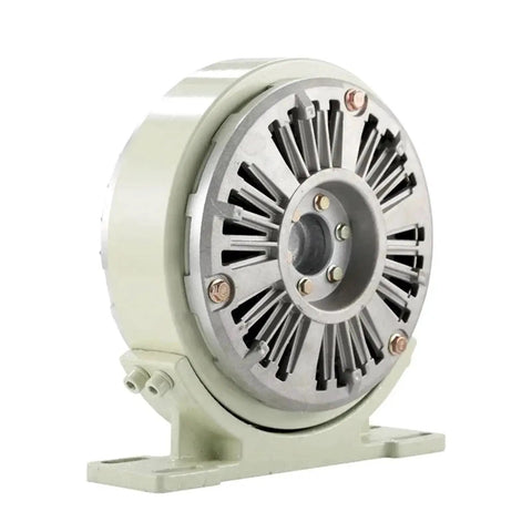 Electromagnetic powder brake with base; front view, gray metal housing and mounting feet.