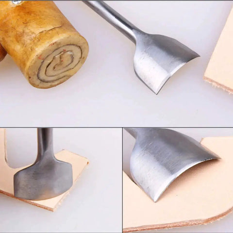 Arc Shaped Leather Punch Set For Belts Wallets And Bags, 7 Piece Cutter Tools in use on leather with half-round edge for clean cuts