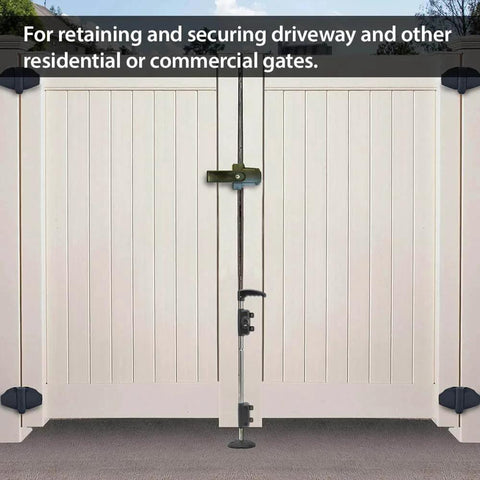 Lockable Security Drop Bolt for wood and vinyl gates, 24-inch length, shown installed on a white gate for driveway security.