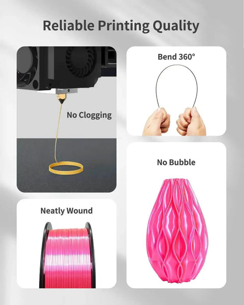 Silk PLA Filament 1.75mm Magenta Silk Pink 1kg showing reliable printing quality with images of neat winding, flexibility, and no bubbles.