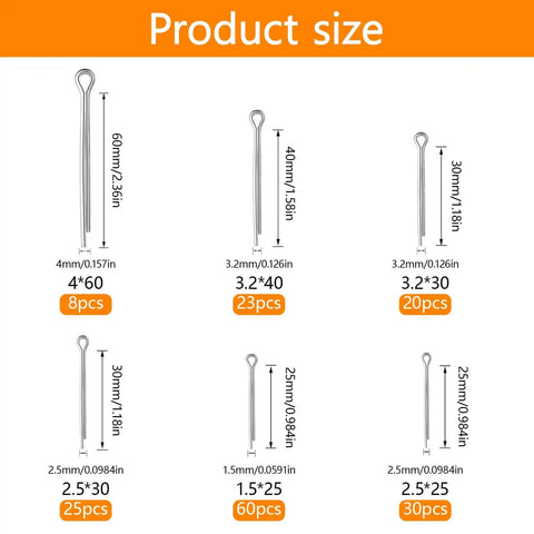 Diagram showing sizes of cotter pins in 313 Piece Stainless Steel Cotter Pin Set With 13 Sizes Including Hairpin Pins And R Clips