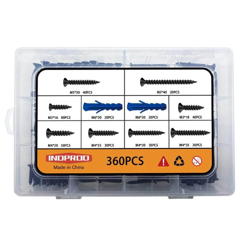 DIY Wood Screws Set M3 M4 M5 With Drywall Anchors Kit, 320 Carbon Steel Self Tapping Flat Head Screws And 40 Blue Nylon Expansion Anchors, Eight Lengths M3x16 M3x18 M4x20 M4x25 M4x30 M4x35 M5x30 M5x40 Phillips Drive, in box.