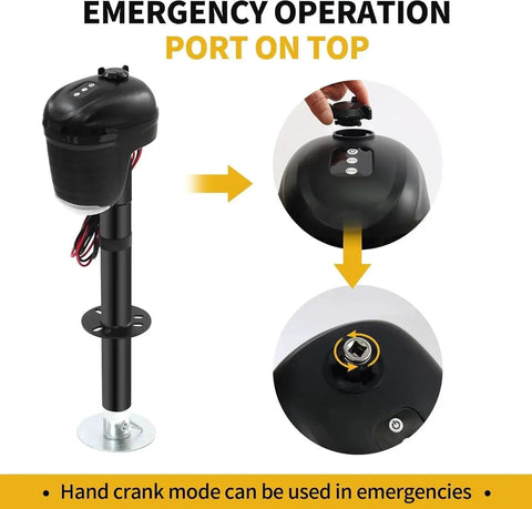 12V Electric RV Tongue Jack With Touchpad Controls 4,000 Lbs Lift 18 In Travel showing emergency operation port