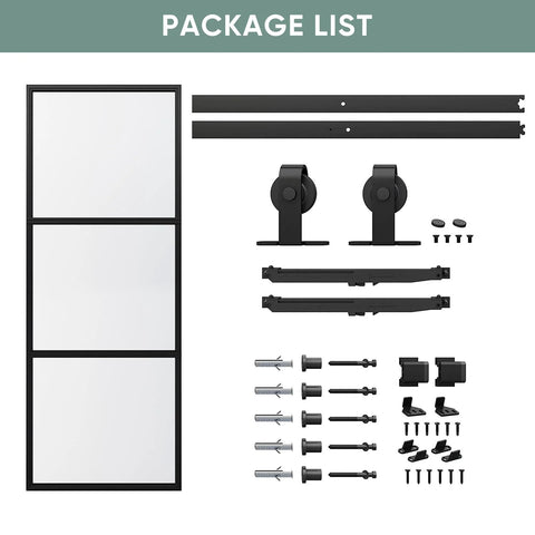 Clear Tempered Glass Barn Door 36x84 with Carbon Steel Frame shown with 6ft hardware kit and soft close system components