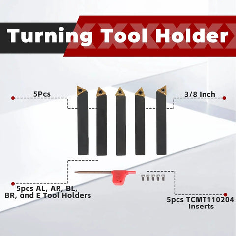 5Pcs Three Eighths Inch Indexable Carbide Lathe Turning Tool Holder Set With TCMT110204 Inserts For Metalworking displayed