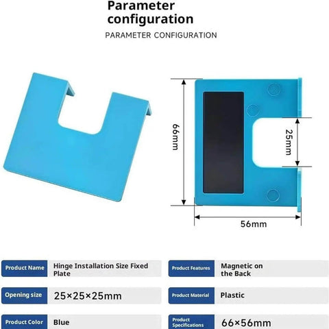 Blue plastic door hinge jig kit with magnetic alignment, dimensions 66x56mm, for precise installations, easy fast setup.