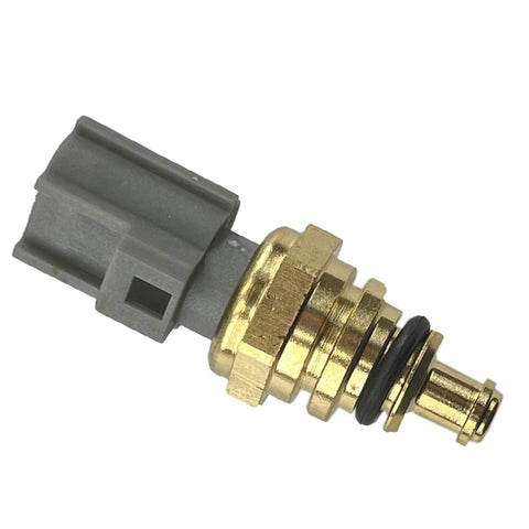 Engine coolant temperature sensor with brass threaded body, gray plastic connector, and black O-ring.