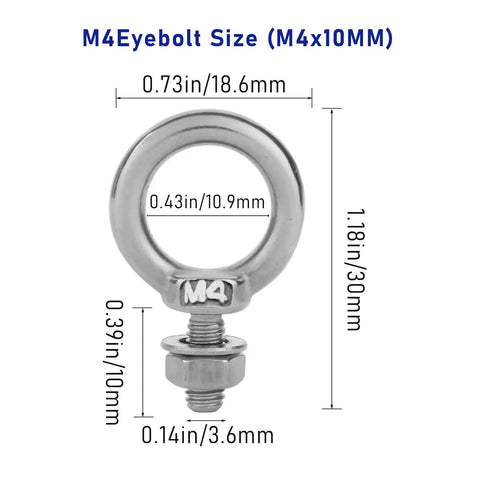 10 Pack M4 Eyebolt With Nut Stainless Steel Beefy Heavy Duty Screw Eye Bolts With Nuts 4mm Thread 11mm Shank Ring Shoulder Design