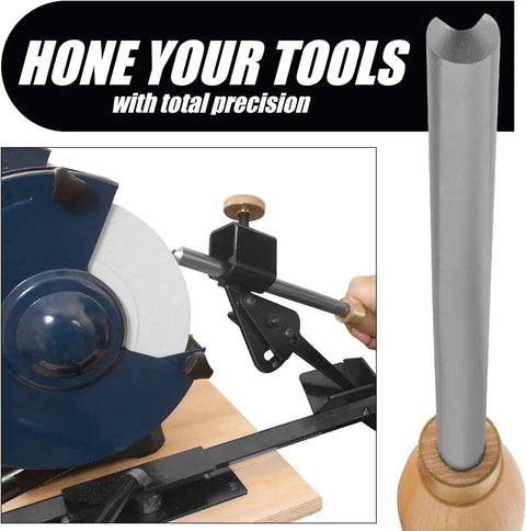 Pro Grind Sharpening System For 8 Inch Grinders Helps You Sharpen Lathe Turning Tools Chisels Skews Gouges Bowl Gouges Spindle Gouges And Carving Tools With Setup Blocks And Quad Jig For Precise Edge Control showing a gouge being sharpened on a grinder with jig.
