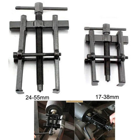 Two Jaw Twin Leg Gear Puller Bearing Removal Tool Kit With Screw Lock And Adjustable Arms For 17-38mm Bearings, Easy Safe Bearing Extraction For Mechanics And DIYers displayed in front and installed views