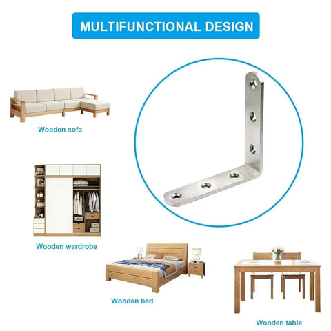 Heavy Duty Stainless Steel Corner Bracket 10 Pack For Wood And Metal Joints, 3 x 3 Inch Right Angle Braces shown with furniture uses