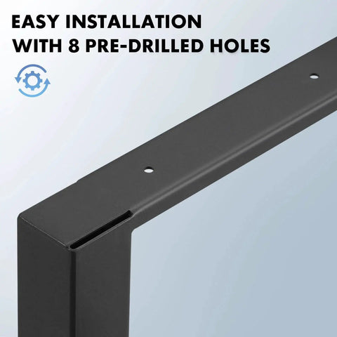 Workbench frame leg, black metal close-up of top edge with pre-drilled holes for easy installation.