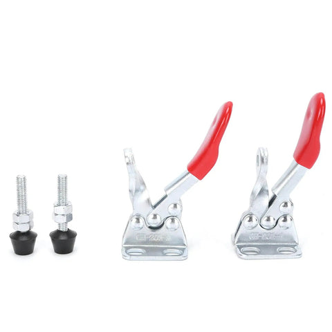 Rock Solid Ergonomic Toggle Clamp Set With Six Point One Lb Holding Power For Secure Woodworking And Welding Projects Hold Down Latch For Jigs And Machine Fixtures Fast Stable Clamping Two Pack with red handles on white background.