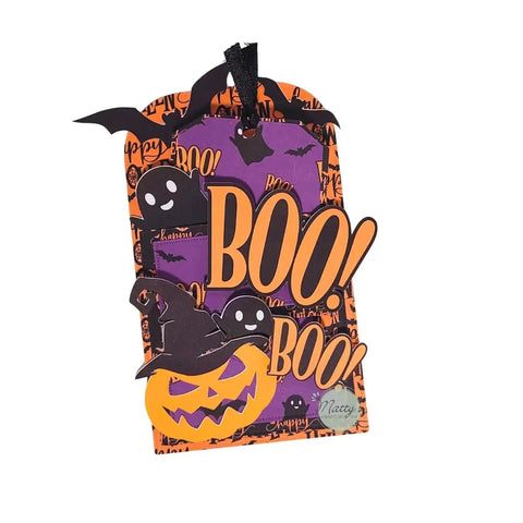 Halloween-themed tag with 'BOO!' letters, pumpkins, and ghosts, made using Stitched Pocket Tag Die Cut Set Of 3 For Card Making.