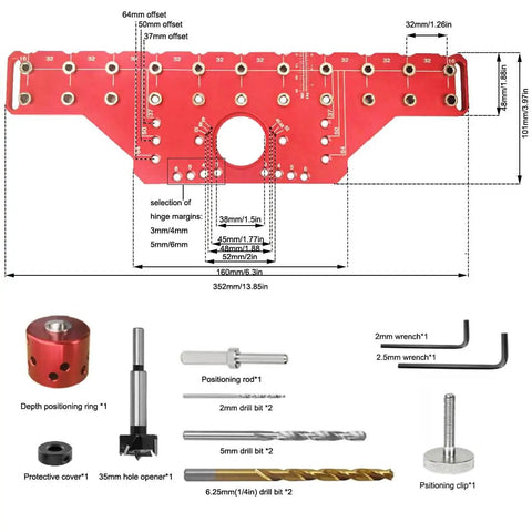 Diagram of No Fuss 2 In 1 Shelf Pin And Hinge Jig With 35mm Hole Drill Bits, All Metal Self Contained Cabinet Hardware Tool in red with components