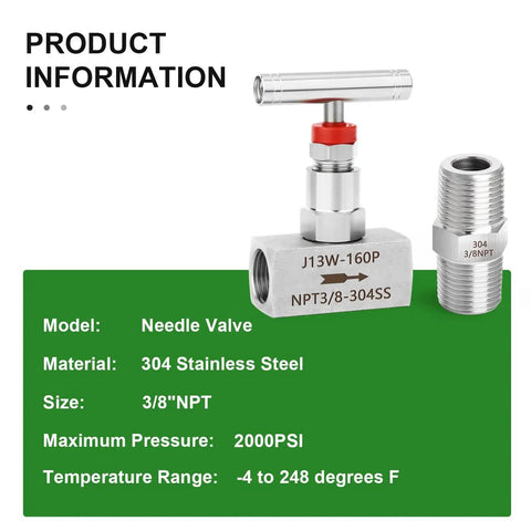 Two Pack High Pressure Stainless Steel Straight Needle Valve 304 For Water Gas Oil Flow Control With Three Eighths Inch Female NPT