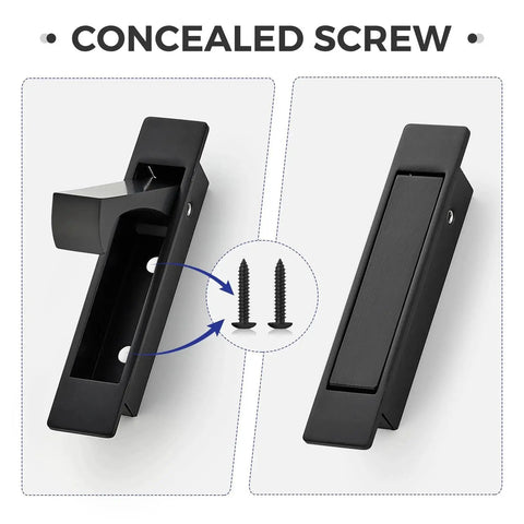 Matte Black Flush Mount Pocket Door Pull Handle With Edge Pull For Sliding Doors Self Retracting Mechanism Fits Doors Up To 0.69 Inches Thick Durable Rust Resistant Hardware Ideal For Residential And Commercial Use showing concealed screw design.
