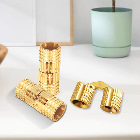 Hidden Brass Hinges 8mm 4 Pack With 16 Screws for jewelry boxes and cabinets, showing two concealed hinges on a white surface.