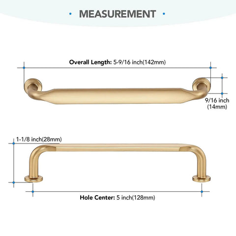 Measurements of the Ten Pack 5 Inch Champagne Bronze Cabinet Handles In Solid Zinc Alloy For Kitchen Cabinets Bathroom Drawers Dresser