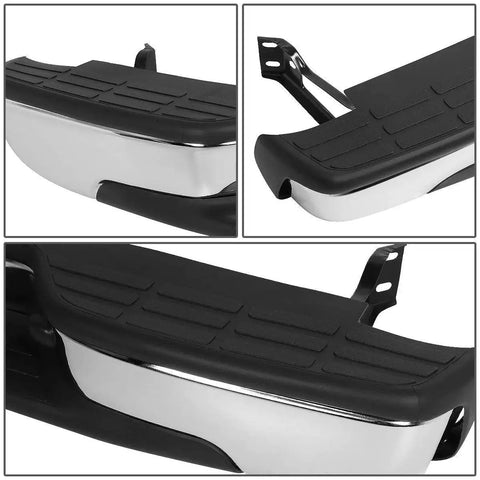 Close-up of Rear Step Bumper With License Plate Lights For Silverado Sierra 99-06 1500, showing polished chrome finish and step design.