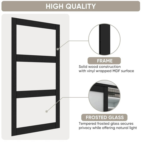 Sliding Closet Door Set With Frosted Glass, 72 Inch Wide By 80 Inch High, Double 37 Inch Panels, solid wood and frosted glass details