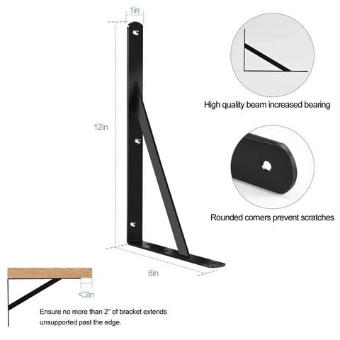 12 Pack Heavy Duty L Shaped Shelf Brackets 12 Inch Long Black With Screws For 12 To 16 Inch Deep Shelves Maximum 240 Lb Per Pair