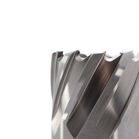 Powerful 1-3/4 Inch Annular Cutter for Lightning-Fast and Precision Hole Drilling, Featuring 1 Inch Cutting Depth, Sturdy 3/4 Inch Weldon Shank with Two Flats, Includes Pilot Pin for Pro Magnetic Drill Press Jobs, Boost Your Workshop Game Now, Top-Rated. Close-up of sharp cutting edges.