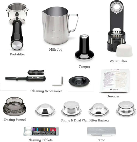 Barista Pro Espresso Machine With Built-In Grinder And 4 Keys Formula accessories: portafilter, milk jug, tamper, water filter, and more.