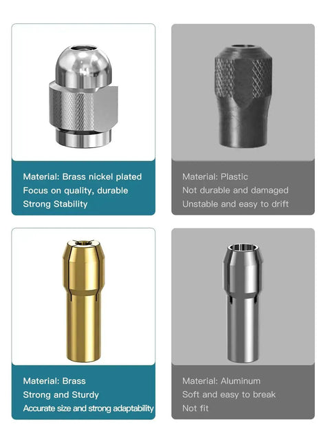 Various materials of drill chucks, including brass nickel plated, plastic, brass, and aluminum, for the keyless drill chuck collet set.