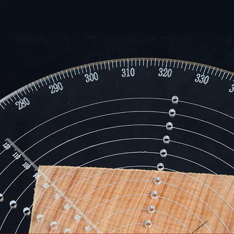 Close-up of 8 Inch Round Center Finder Compass Drawing Maker for Woodworking Lathe Tools Circle Tool Centering Jig with Centering Pin on wood.