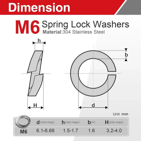 Technical diagram of M6 Stainless Steel Split Lock Washers 50 Pack, Tough Anti Loosening Spring Gaskets dimensions and measurements