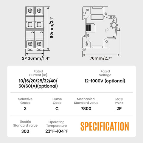 Dimensions and specifications of DC Miniature Circuit Breaker 32A 1000V 2P Solar DIN Rail Mount for Solar Panels
