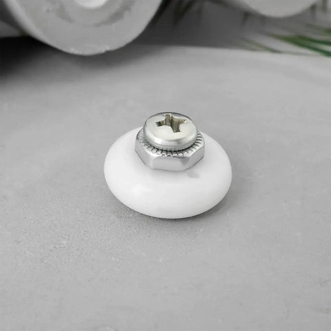 Close-up of 8 Piece Oval Edge Shower Door Rollers with Screws 19mm Diameter 6mm Thick Replacement Sliding Wheels for Glass Shower Doors.