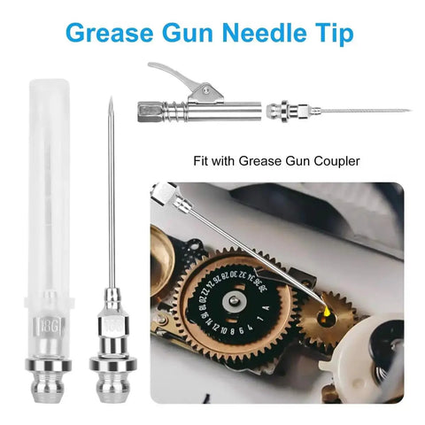 All In One Pro Grade Grease Gun Fittings Kit showing needle tip, 90 degree coupler, and gear lubrication in automotive setting.